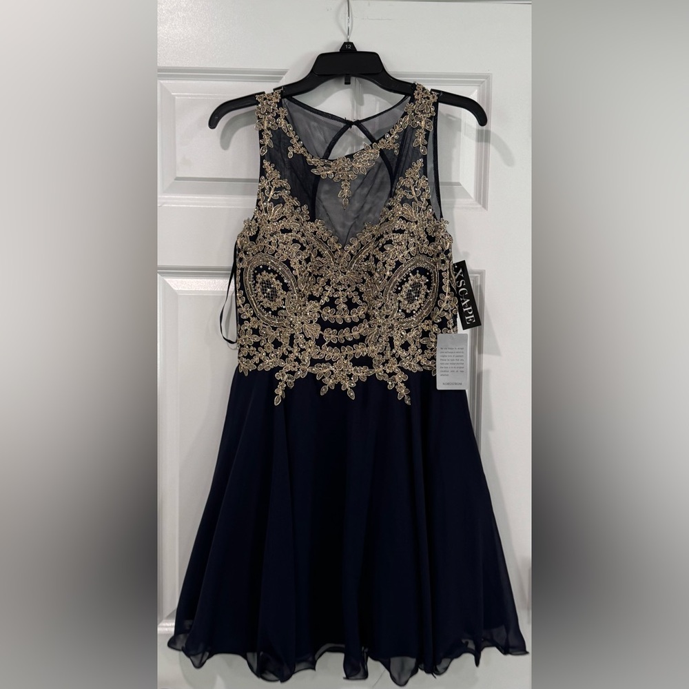 Xscape Midnight Blue Gown with Gold Detailing